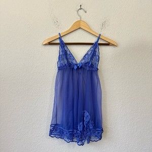 VINTAGE FREDERICKS OF HOLLYWOOD Lace See-Through Babydoll Chemise Slip Blue